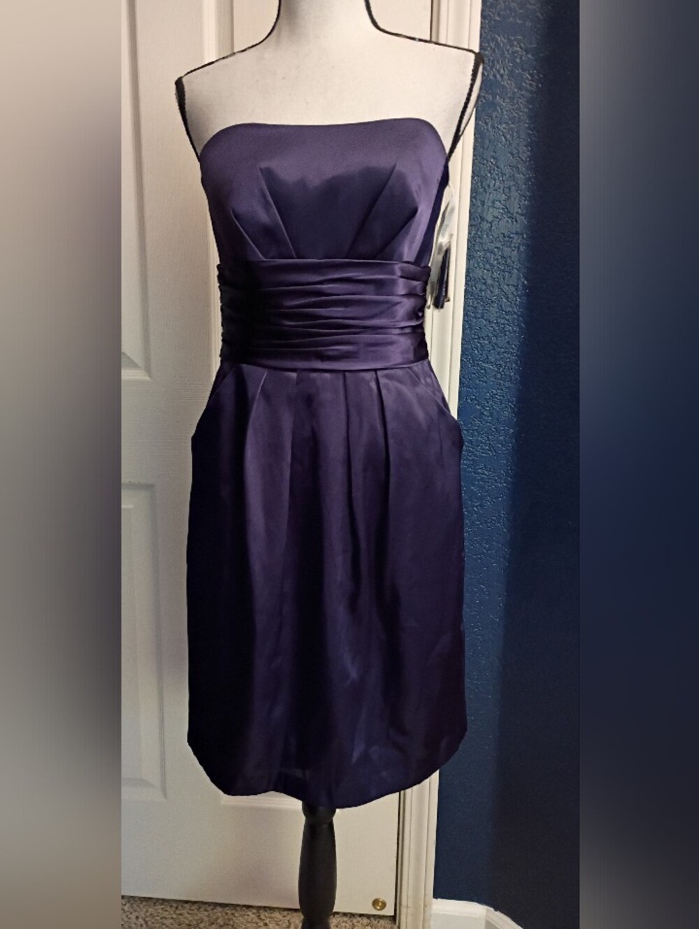 David's Bridal Strapless Satin Cocktail Dress in Deep Purple